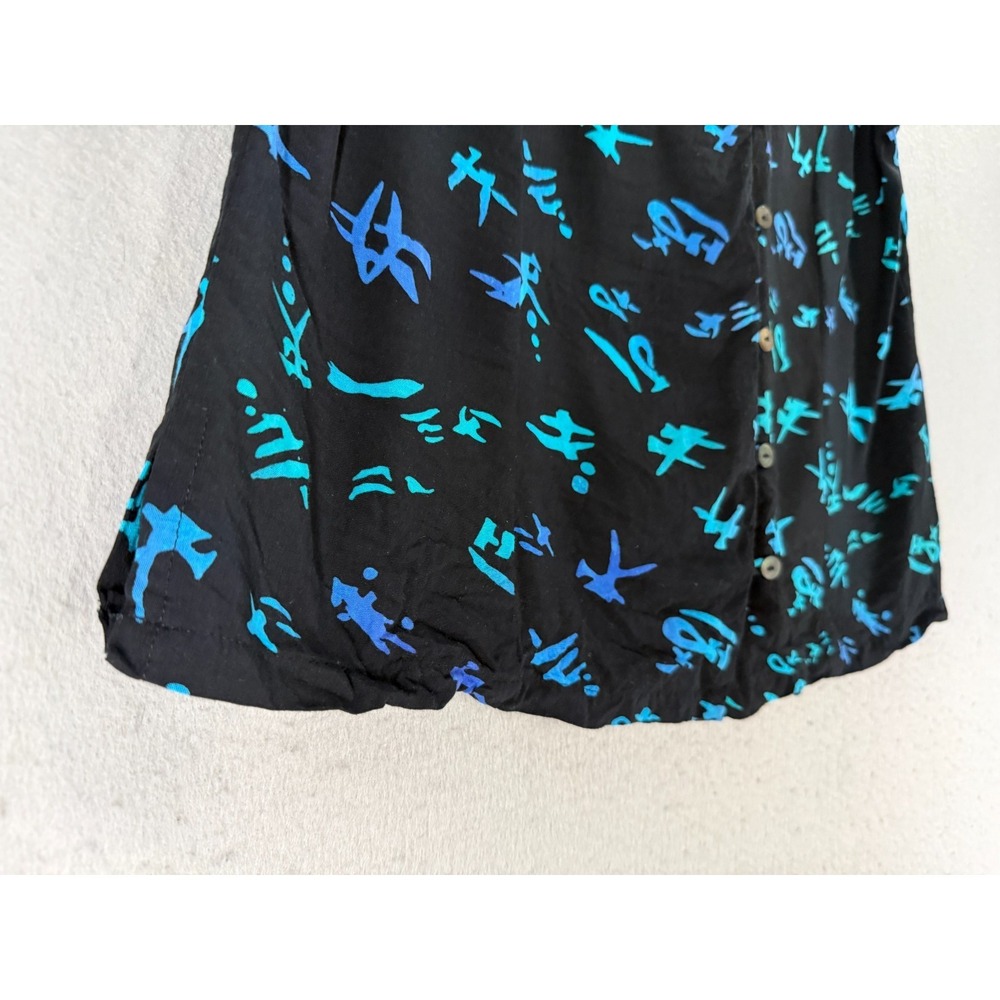 Maggie B. Tank Top Women M Black Blue Teal Asian Calligraphy Script Blouse Artsy - Picture 2 of 11